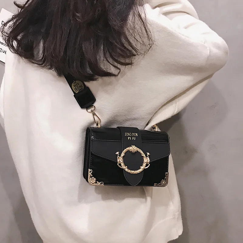 

FuAhaLu luxury handbags women bags designer Korean version of patent leather stitching Messenger bag Buckle wide shoulder strap