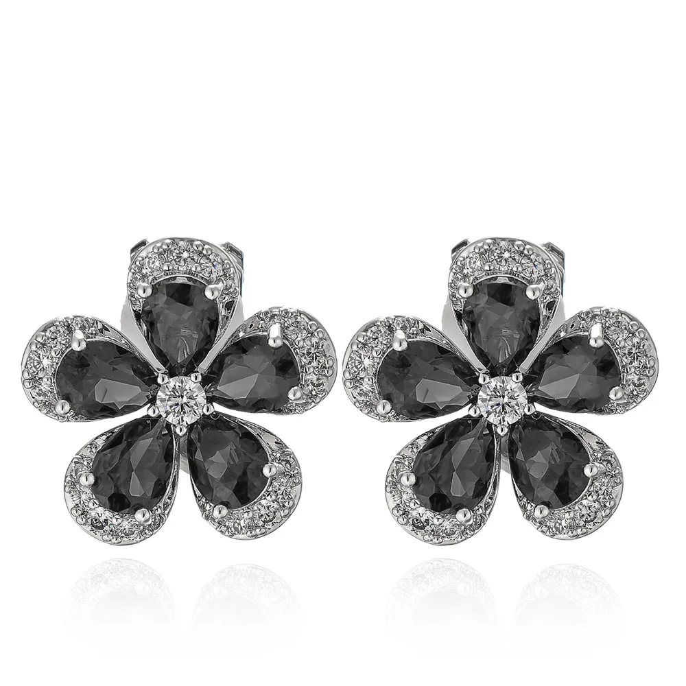 Viennois Flower Stud Earrings For women Green/ Black/ Red Color Zircon Earrings Fashion Jewelry