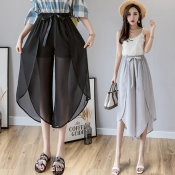 

Summer High Waist Wide Leg Pants Female Retro Chiffon Pants Bohemian Women Trousers Loose Thin Ankle-Length Skirt Pants