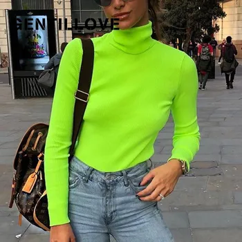 

Gentillove Sexy Women Long Sleeve Turtleneck Neon Ribbed Sweater Vintage Slim Knitted Pullovers Casual Jumper Streetwear Tops