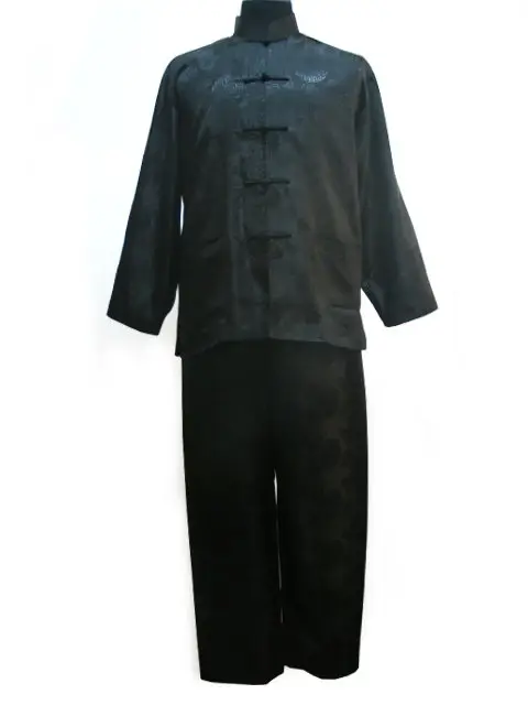 Мужская атласная пижама в китайском стиле размера плюс XXXL, винтажная Пижама на пуговицах, пижама с длинным рукавом, рубашка и штаны, одежда для сна - Цвет: Black