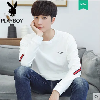 Playboy футболка с длинными рукавами Мужская Осенняя Корейская тонкая мужская футболка с круглым вырезом джемпер рубашка свитер куртка - Цвет: Бежевый
