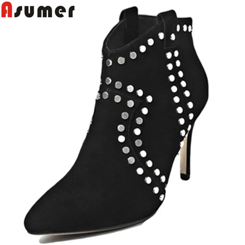 

ASUMER 2018 autumn shoes woman pointed toe rivet prom ankle boots women suede leather high heels ladies boots black apricot