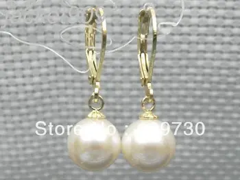 

ry00115 GEORGOUS 14K GOLD AUSTRALIAN SOUTH SEA WHITE 10.3mm ROUND PEARL DANGLE EARRINGS (C0327)