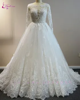 

Waulizane New Arrival O-Neck A-Line Wedding Dress Beading Pearls Crystals Appliques Lace Full Sleeves Bridal Gown Plus Size