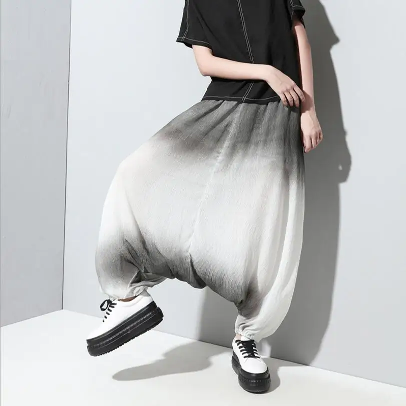 

Europe and the United States spring and summer black elastic waist wide leg large size multi-pocket harem pants women's clothing