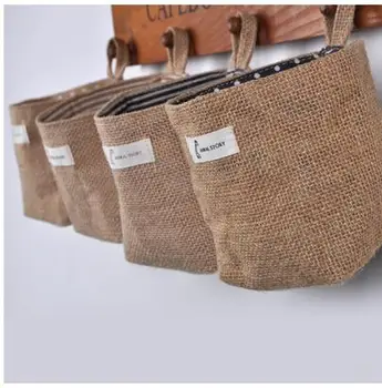 

Creative jute small round barrel retro hanging bag pocket can be hung storage bucket desktop finishing basket flower pot