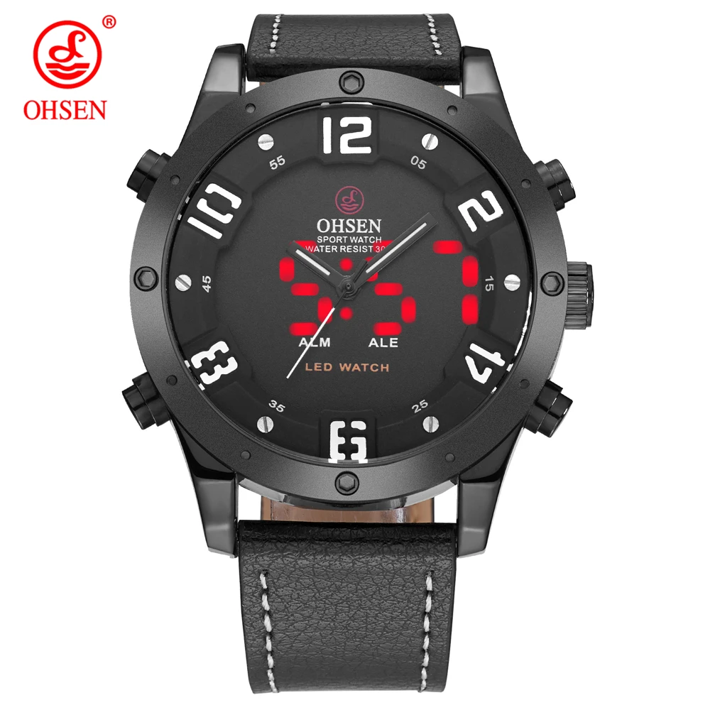 

OHSEN Men Sports Watch Analog Pointer Digital Calendar Quartz Black Leather Strap Wrist watches Relogio Masculino Military Clock