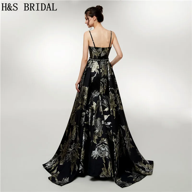 H & S свадебные Винтаж длинные платья для выпускного вечера черный с цветочным принтом вечерние платья без рукавов элегантные вечерние