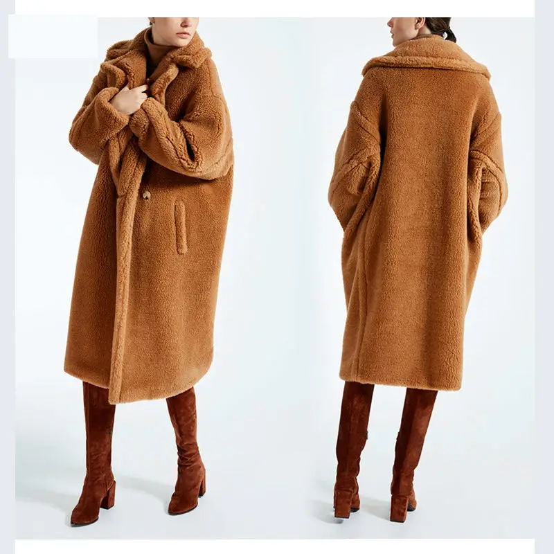 2018 new coat over size winter women coat real sheep fur coat long style camel teddy.