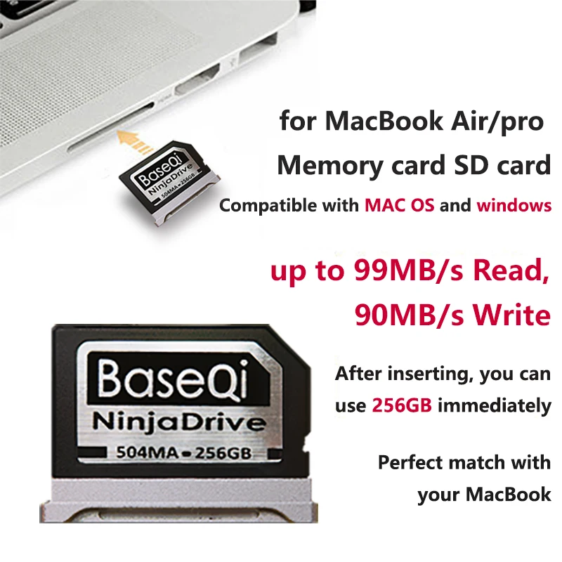 BaseQi Ninja Drive Алюминиевый 256 Гб карта памяти sd-карта для MacBook Air 1" и MacBook Pro 13"/15"