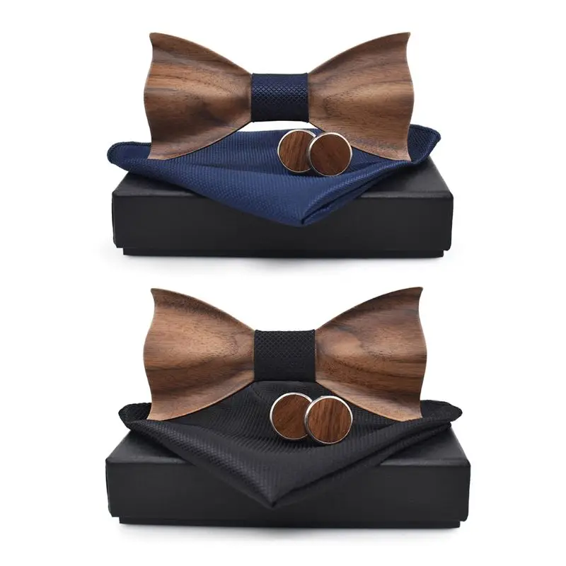  Men's Classic 3D Black Walnut Wooden Bowtie Handkerchief Cufflinks Gift Box for Male Wedding Party 