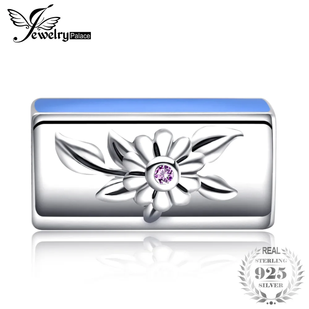 

JewelryPalace 925 Sterling Silver Created Ruby Engraved Flower Blue Enamel Live Love Laugh Charm Beads Fit Bracelets For Women