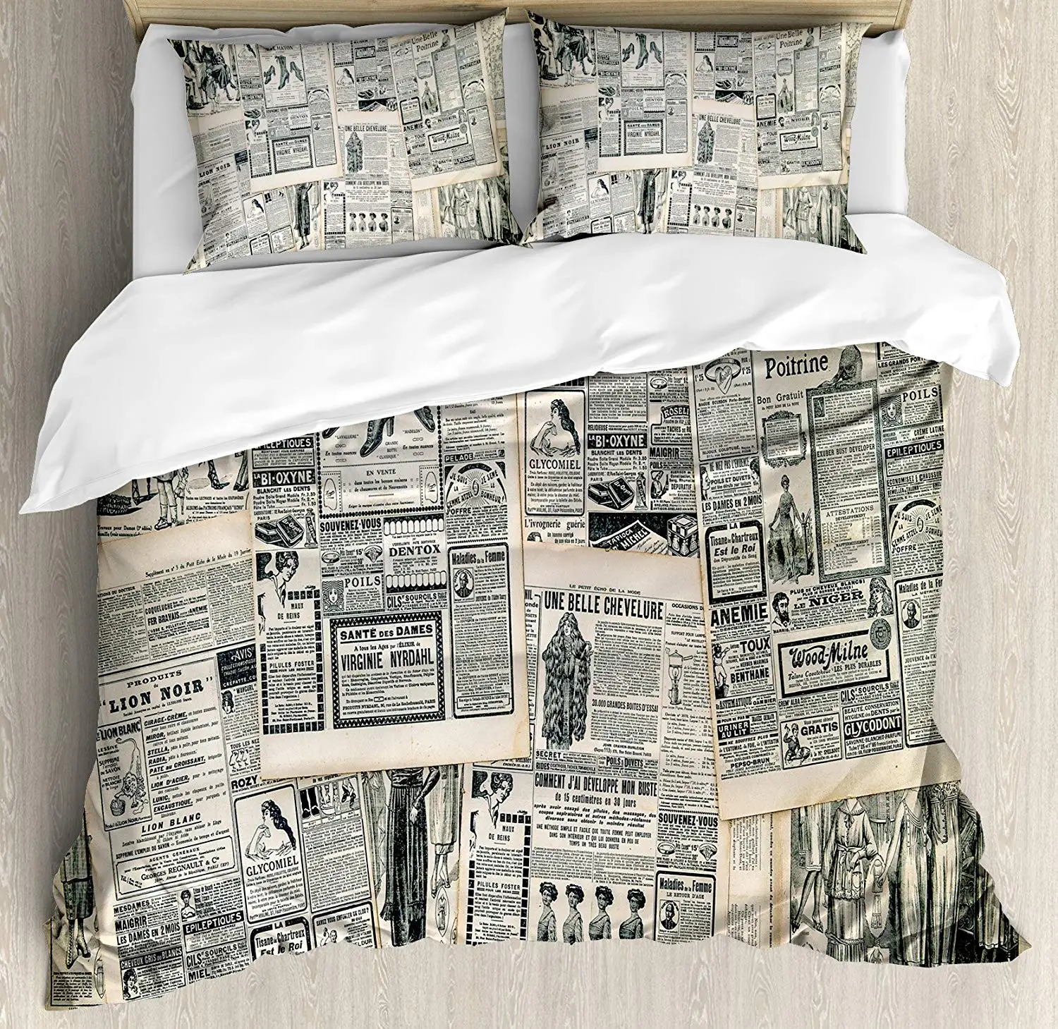 

Antique Duvet Cover Set Queen Size Vintage Style Sepia Toned Newspaper Print with Old Fashioned Illustrations Bedding Set Beige