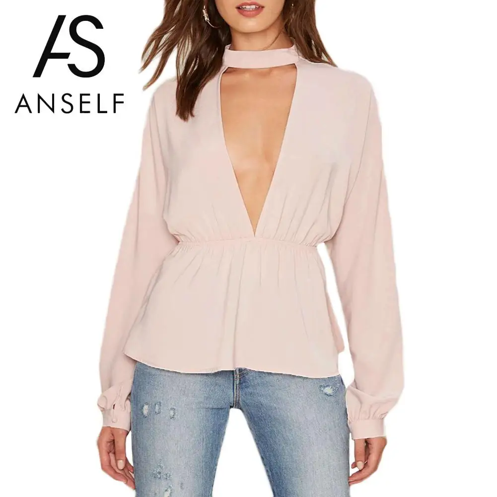 

Anself 2019 Fashion Autumn Long Sleeve Women Blouse Sexy V Neck Ladies Casual Shirt Elegant Ruffle Blouses Backless Tops Blusas