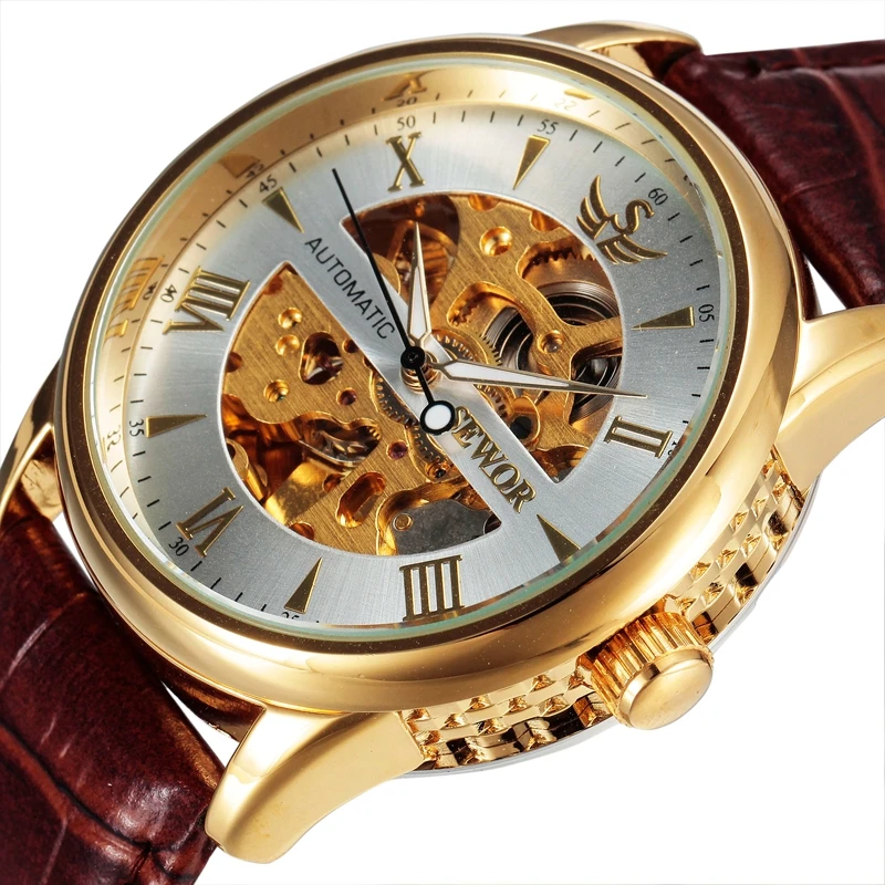 

SEWOR Skeleton Mechanical Gold Watch Men Leather Strap Brand Clock Luxury Brand Automatic 2016 Fashion Relogio Wristwatch SWQ22