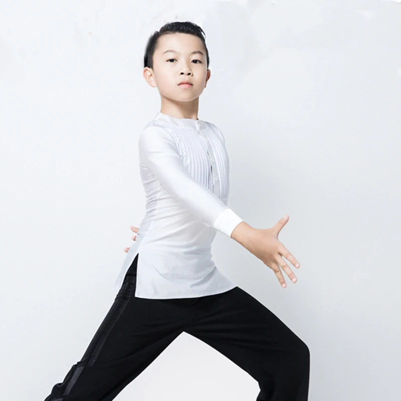 Для латинских танцев топы белого цвета с длинным рукавом Бальные Румба Salsa рубашка ребенок танец мальчик конкуренции практики одежда