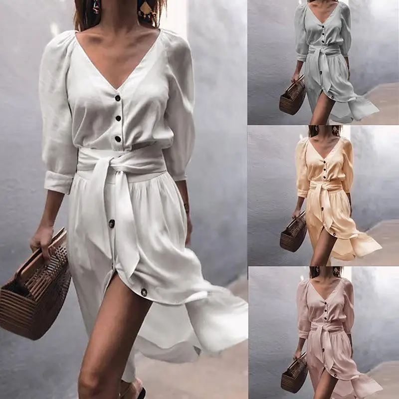 

Summer 2019 Fashion Lady Casual Elegant Sexy V Neck Artistic Pursuit Dress Bow Tie Button Vintange Party Vestidos Beach Sundress