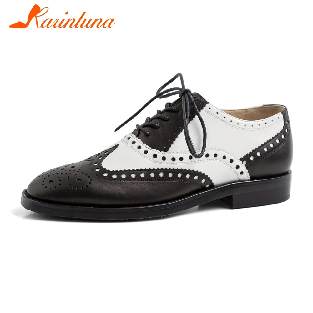

KARINLUNA Luxury Brand Genuine Leather Retro Lady Brogue Shoes Woman Flats Female Vintage British Style Women Shoes Footwear
