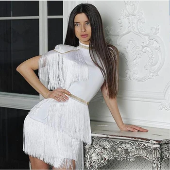 

2019 New Arrival Short Sleeve Patchwork Tassels Bandage Dress Bodycon Vetsidos Black Red White Fashion Verano Sexy Celebrity