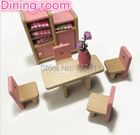 بيت الدمية والأثاث مجموعات مع 6 قطع دمى دمى أثاث المنزل كيد نوم لعبة خشبية مصغرة لعبة خشبية للأطفال