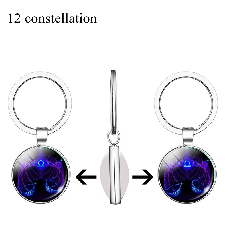 

Birthday Gifts Constellation Keychain 12 Zodiac Signs Double Side Glass Cabochon Pendant Keyring Zodiac Jewelry
