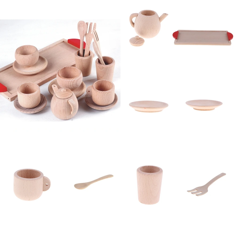 Wooden Tea Set - Tea Pot Tea Cup Teatime Play Toy Kitchen Accessories Kids Toys