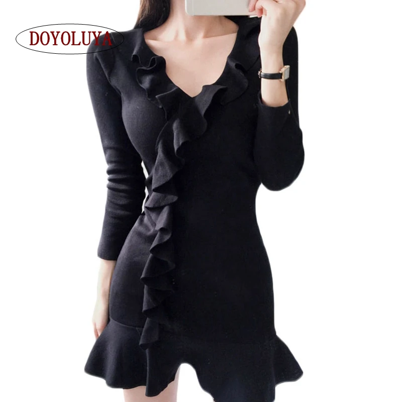 

[DOYOLUYA] Autumn Ruffles Dress Female V Neck Long Sleeve Black Blue Mini Sexy Dresses Women Fashion Club Party Clothes