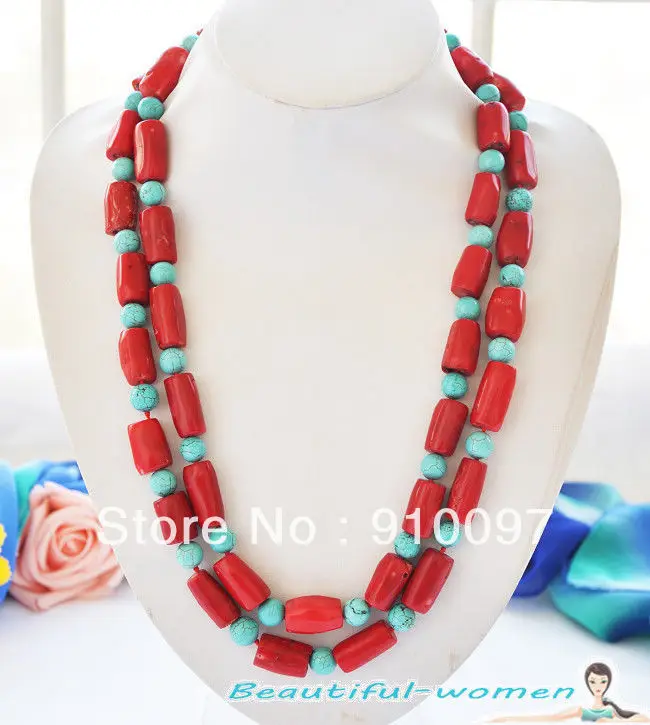 

shipping >>>Natural 50" 22mm red cylinder coral blue turquoise bead necklace
