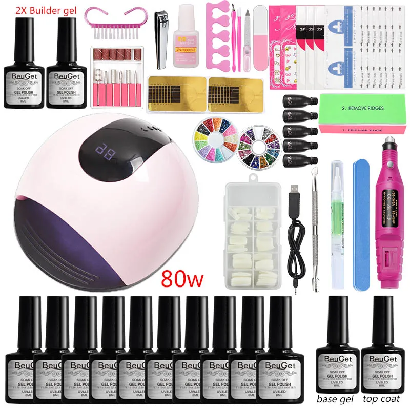 

Uv Extension Builder Nail Polish Quick Extend Poly Gel Set Professional Manicure Set Acrylic Nail Kit 36w/48w/80w Led Uv Lamp