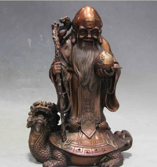 

Chinese Folk Red Bronze Copper God of longevity Ride Dragon turtle Buddha Statue