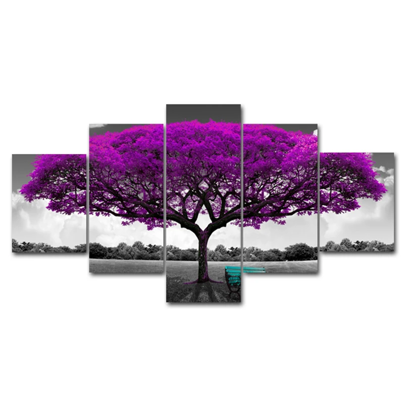 

5 Pieces HD Modular Canvas Print Posters Home Decor Wall Art Pictures Purple Tree Scenery Landscape Paintings Support Framed