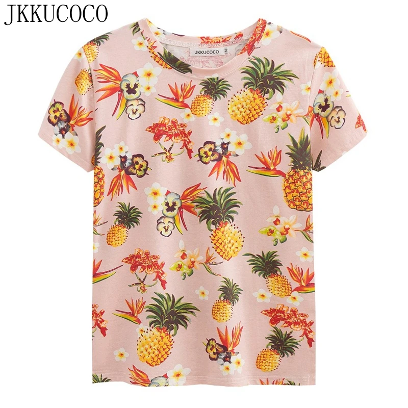JKKUCOCO Newest Top Hot Tees Flowers Pineapple t-shirt Women t shirt Cotton Shirt Women Tops Short Sleeve Casual T-shirt 2 Color