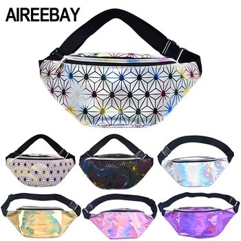 

AIREEBAY Holographic Fanny Pack Women Silver Waist Bag Female Belt Bag Black Geometric Waist Packs Laser Chest Phone Pouch