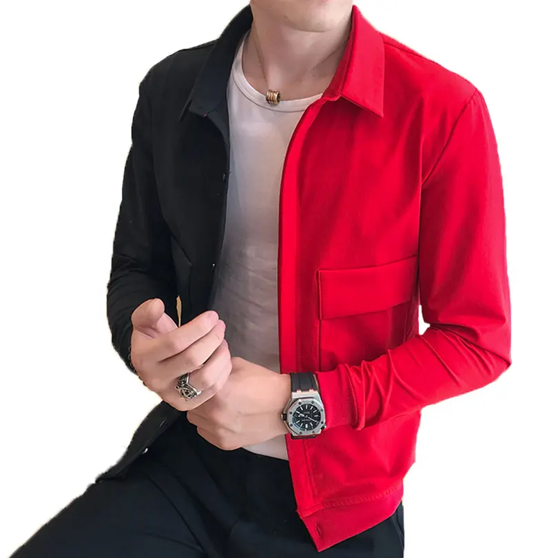 low cost  Red Black Fashion Mens Patchwork Jacket Slim Fit Single-breasted Casual Brand Jacket Men Hip Hop Me