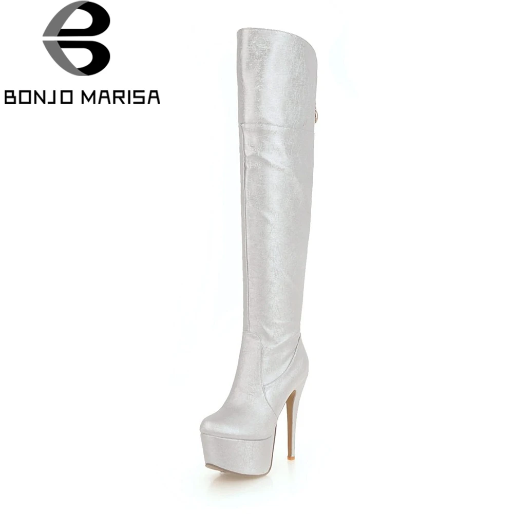 

BONJOMARISA Plus Size 33-48 Sexy Over The Knee Thigh High Boots Women Autumn 2018 New Super High Heels Platform Shoes Woman