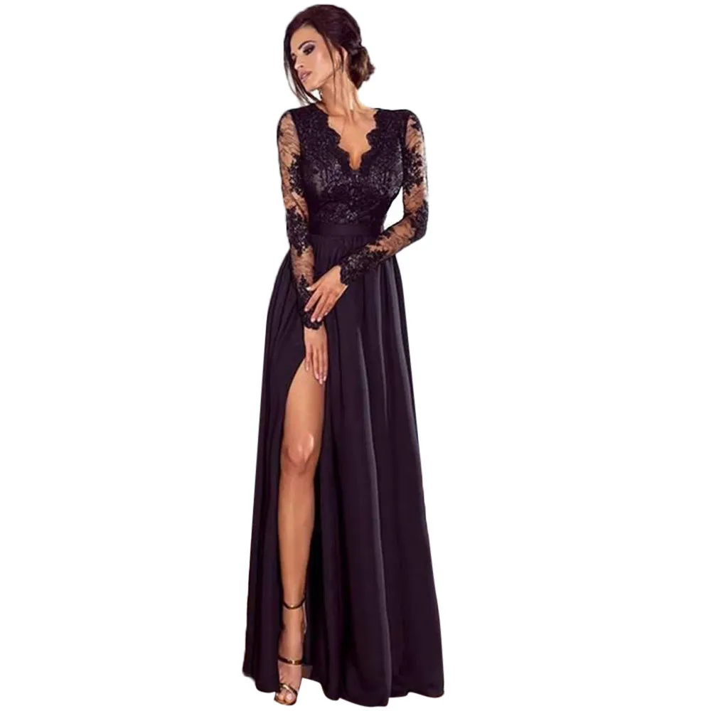 V neck evening dress with sleeves for women