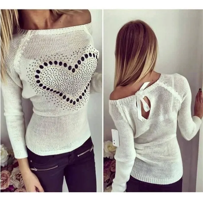 

Celmia 2019 Autumn Knitted Women Sweater Long Sleeve Pullover Sequin Heart Print Jumper Pull Femme Sueter Mujer Pull Femme White