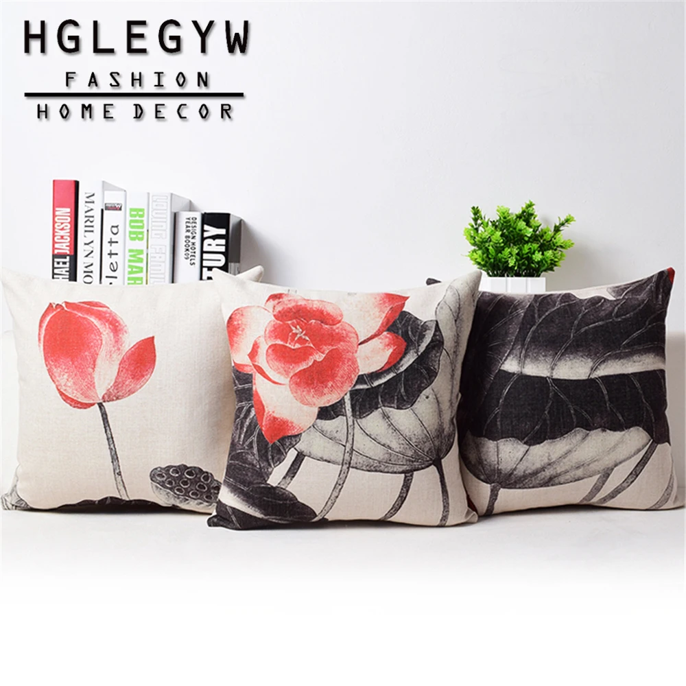 Chinese Style Ink Painting Lotus Sofa Home Decoration Cushion Cover Pillowcase Cotton Linen Printed 45*45 cm Pillow Covers | Дом и сад