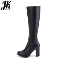 JK/женские сапоги до колена с круглым носком; короткая плюшевая обувь из искусственной кожи; женские сапоги на высоком каблуке; обувь на молнии; женская обувь; коллекция года; Цвет Черный; большие размеры 34-43