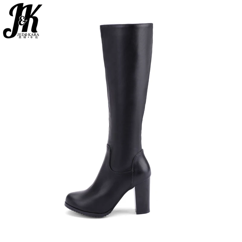 

JK Knee High Women Boots Round Toe Pu Short Plush Footwear High Heels Female Boots Zip Shoes Women 2018 Black Plus Size 34-43