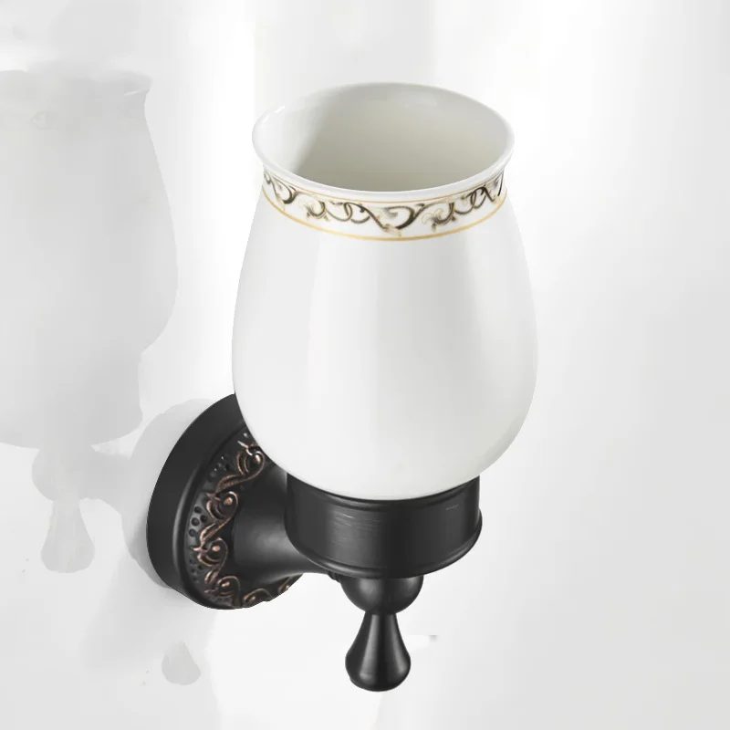 Черные Античные Аксессуары для ванной двойной крючок для одежды настенное крепление Ванная комната мыльница для душа Корзина держатель для фена латунь Поручень - Цвет: Single Cup holder