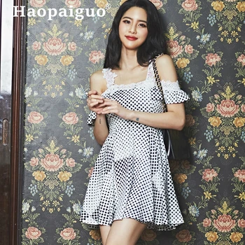 

Large Size Print Polka Dot Dress Women Off-shoulder Backless Mini Dress Women Sexy Evening Party White Ladies Dresses with Lace