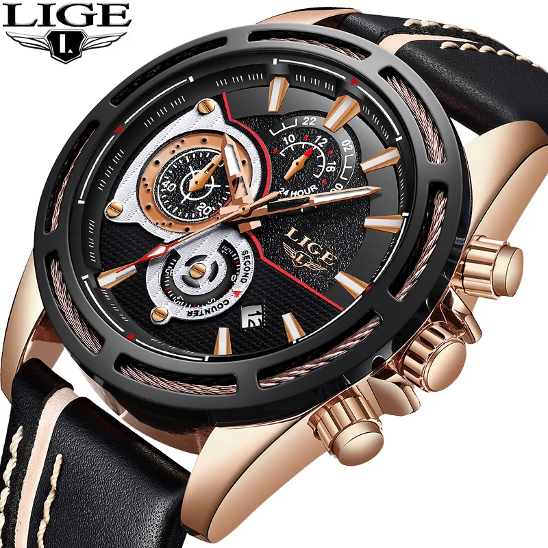 

LIGE New Mens Watches Top Brand Luxury Quartz Watch Men Calendar Leather Military Waterproof Sport Wrist Watch Relogio Masculino