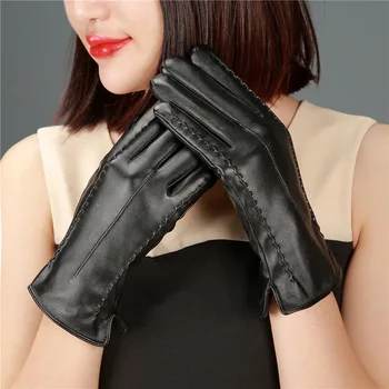 

Elegant women pu leather touch screen Mittens gloves winter plus velvet warm outdoor riding Great Wall flower opening gloves D31