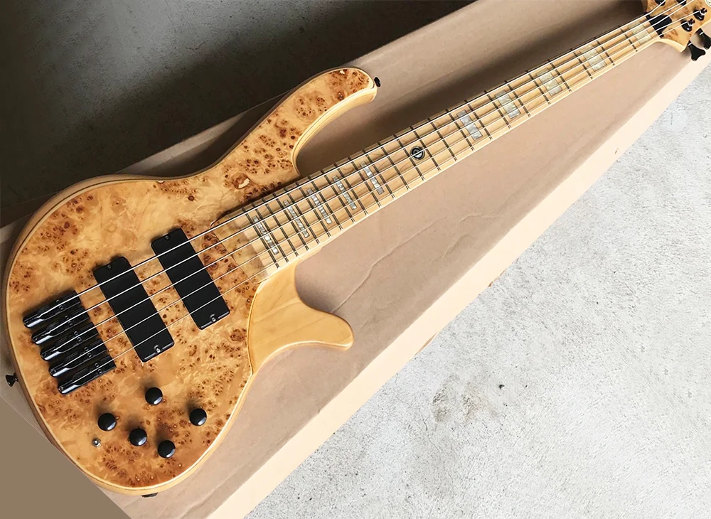 

Natural wood color 5 strings ASH body electric bass guitar with active circuit,Maple fretboard,Tree-burl veneer,Black hardwares