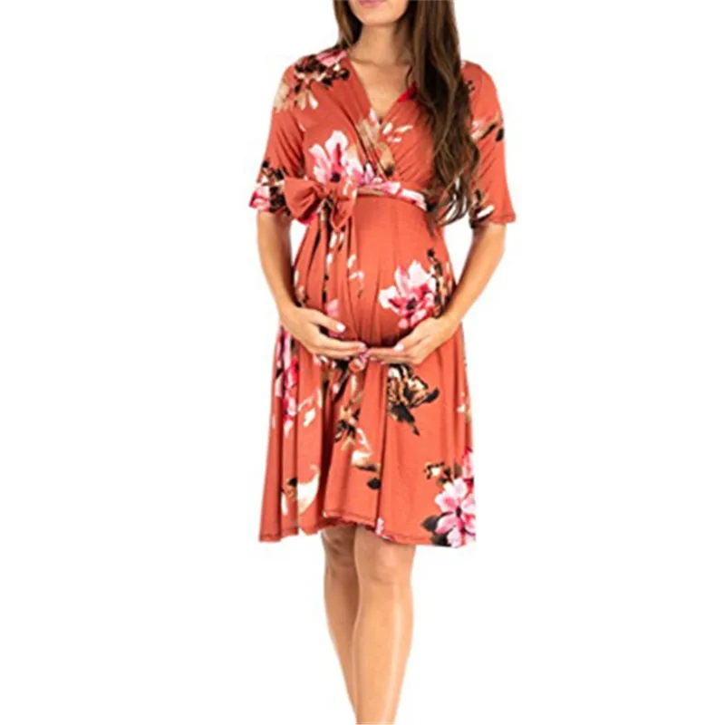 Summer Maternity Pregnancy Dress Clothes For Pregnant Women Flower Print Maternity Dresses Casual Short Sleeve Pregnant Dresses (4)