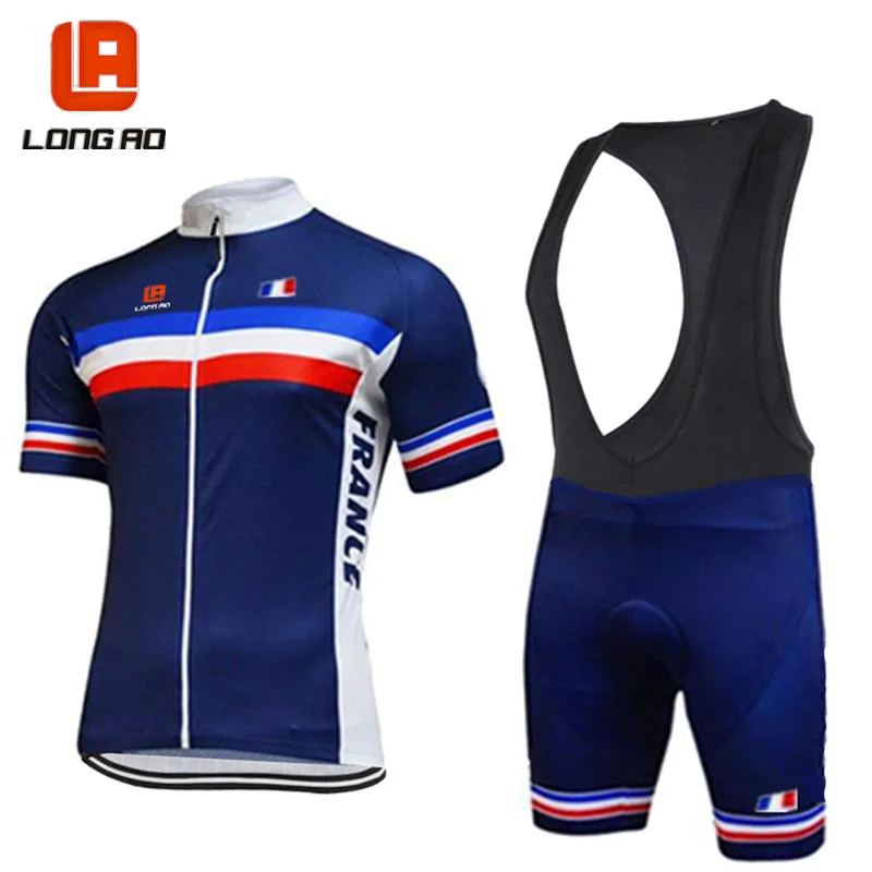 LONG AO France cycling team blue mens short sleeve cycling jersey short sets summer racing clothing Pro Cycling Team clothes