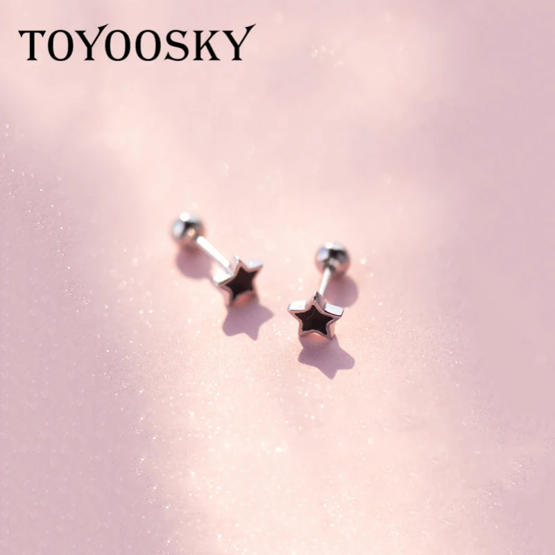 TOYOOSKY, простые милые маленькие серьги-гвоздики с черной звездой и 925 пробы, серебряные серьги-гвоздики для женщин и девочек, детские ювелирные изделия для пирсинга