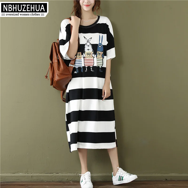 NBHUZEHUA A54 4XL 5XL 6XL женская футболка с мультяшным принтом в полоску длинная одежда|long
